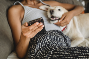 Person using phone while holding a dog